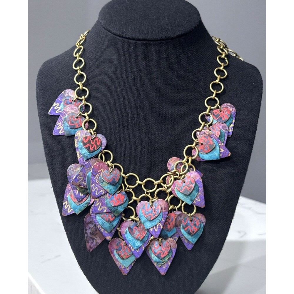 Vintage Heart Charm Statement Necklace Gold Tone Bib Pink Blue Purple
